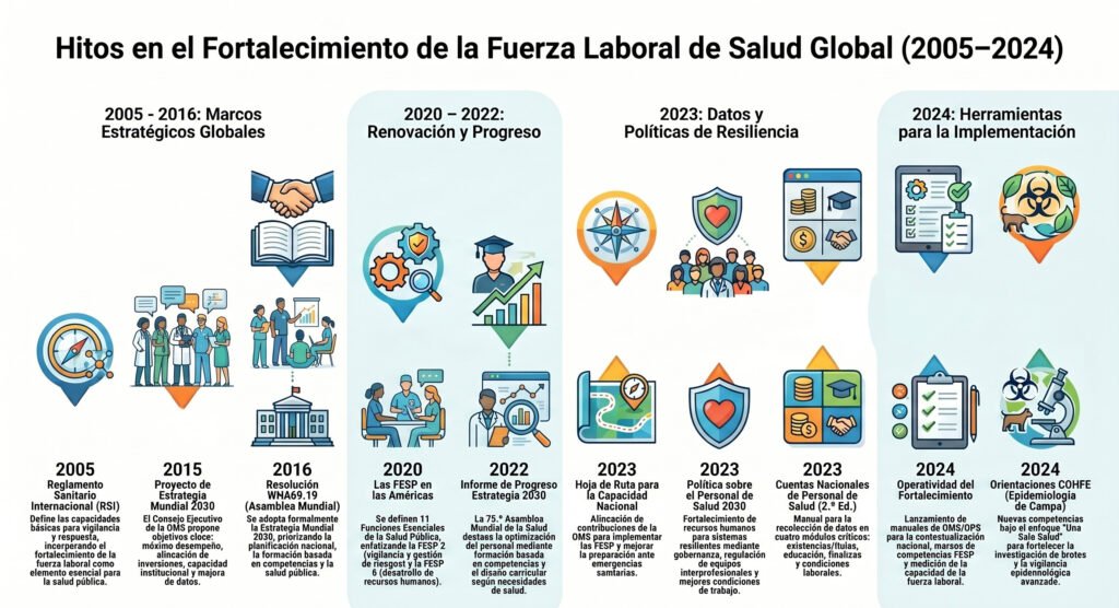 Políticas o estrategias que orientan la construcción de  planes de desarrollo para el fortalecimiento de la fuerza laboral en vigilancia y respuesta en salud pública de los países.